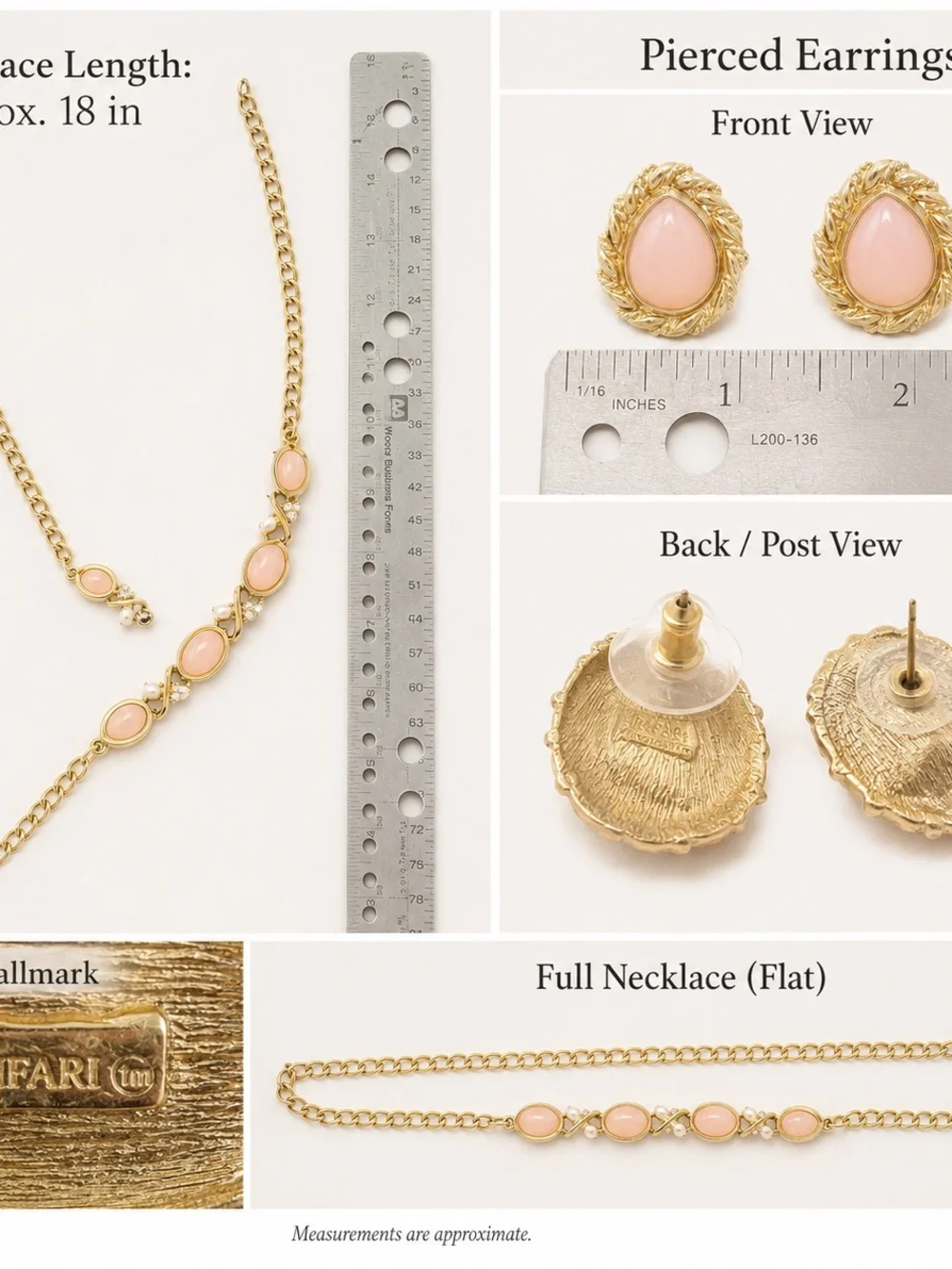 Trifari Gold-Tone Necklace and Earrings with Peach Cabochons
